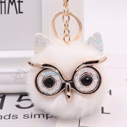 Cute Fashion Women Handicraft Gold Dust Owl Fur Cony Hair Ball Pom Pom Charm Car Keychain Handbag Key Ring Pendant Key Ring