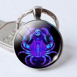 Leo Virgo 12 Constellation Key Chains Glass Cabochon Pendant Zodiac Sign Key Rings Silver Plated Bag Pendant Keychains