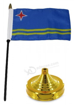 Aruba 4 inch x 6 inch Flag Desk Set Table Wood Stick Staff with Gold Base for Home and Parades, Official Party, All Weather Indoors Outdoors