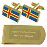 Åland Islands Flag Gold-tone Cufflinks Money Clip Engraved Gift Set