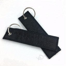 jet fabric key tag/ embroidery keychain with china factory