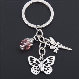Customized Butterfly Keychain With Pink Bead Bag Charm Accessories Metal Key Chain Flower Fairy Pendants Car Key Ring Gift E1668