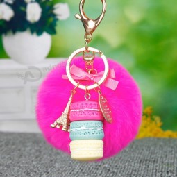 Fashion Cake Macarons Keychain Rabbit Fur Pom Pom Key Ring Eiffel Tower Leather Belt Women Car Handbag Charms Pendant Key Chains