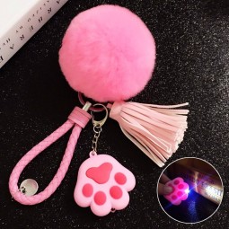 Fluffy Rabbit Fur Ball Pom Pom cute keychains Leather Tassel LED Cat Claw Key Ring Women Bag Car Fur Pompons Charm Pendant Key Holder