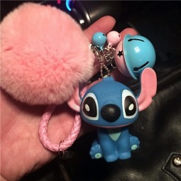Cute Animal Stitch Cartoon Toy Doll Leather Rope cute keychains Rabbit Fur Ball Pompons Key Rings Small Bell Porte Clef Key Chains