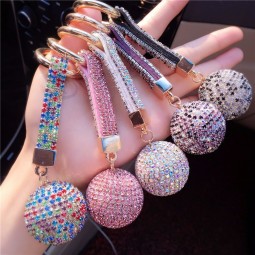 High Quality Inlay Full Rhinestone Leather Strap Crystal Ball Keychain Women Car Bag Charms Pendant Key Ring Chaveiro Jewelry