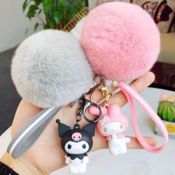 Cartoon Fluffy Rabbit Fur Pom Pom Animal Melody Hello Kitty cute keychains Doll Key Ring Women Car Purse Pendant Key Chains Trinkets