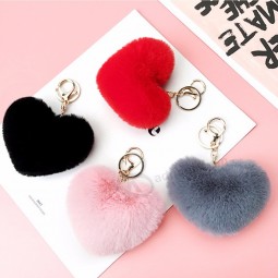 Trendy Heart Ball Pom Pom personalised keyrings Fluffy Faux Rabbit Fur Pompom Key Chains Women Bag Charms Trinket Accessories Keyring Llavero