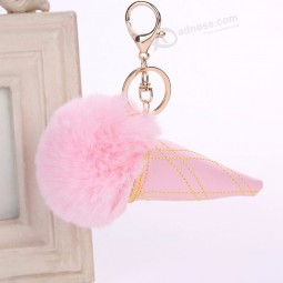 Artificial Fur Pompom Keychain Plush Fluffy Ice Cream personalised keyringsWomen Girl Bag Pendant Car Accessories Keyrings