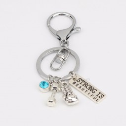Fashion STRONG IS BEAUTIFUL Keychain Birthstone Key Holder Boxing Gloves Dumbbell Sport Car Key Chain Key Ring Women Men Gift
