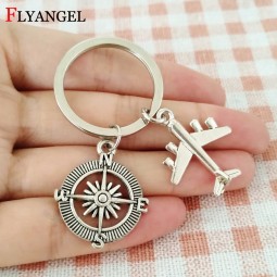 Fashion Airplane with Compass personalised keyrings Jewelry Silver Color Aircraft Pendant Travel Journey Keychain for Friends Pilot Keyring