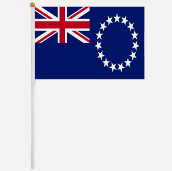 Factory sale 14*21cm polyester 30cm pole Cook Islands logo hand flag