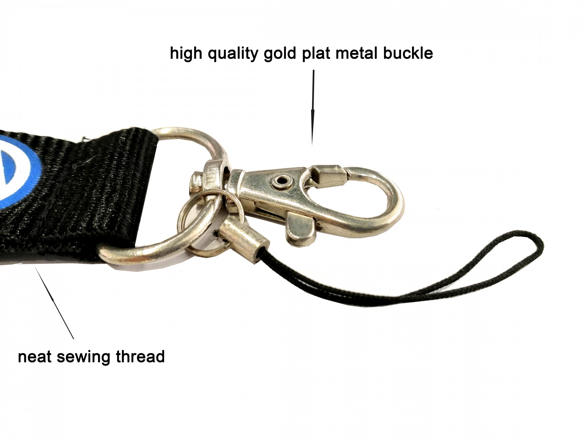 금속 버클을 가진 주문을 받아서 만들어진 튼튼한 까만 열쇠 고리 방아 끈은 실크 스크린을합니다