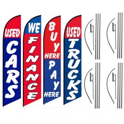 used cars auto dealership carlot feather banner flag Kit package, includes flag poles and ground stakes