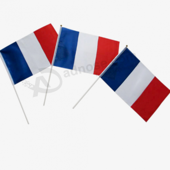 Tecido de poliéster de evento de festa voando francês frança bandeiras da mão com mastro por atacado