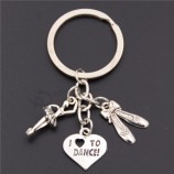 antique silver ballet dancer ballerina with dance shoes pendant key ring heart I love to dance charms keychain jewelry