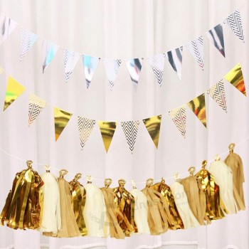 sparkly paper pennant banner triangle flags bunting 8.2 feet and tissue paper tassels garland for baby shower