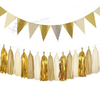 sparkly paper pennant banner triangle flags bunting 8.2 feet and tissue paper tassels garland 15 pcs for baby shower