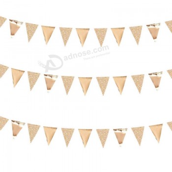 30 Ft champagne goud dubbelzijdig glitter / metallic papier driehoek vlag bunting wimpel banner voor bruiloft verjaardag