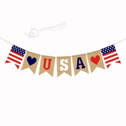 Wholesale Customized 7PCS red blue Burgee Bunting Flag with String Rope love American Flag Burlap heart USA Bunting Flags Banner