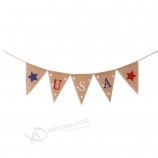 America USA Burlap Hessian USA Flag Pennant Bunting Banner for Memorial Day 4th Of July Day Decor