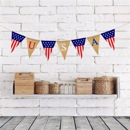Jute Burlap Happy American Independence Day Colorful USA the Star-Spangled Banner Decoration Linen Pennant