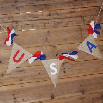 Blue, white and red bowknot tricolor hanging wall pennants USA printing linen pennants