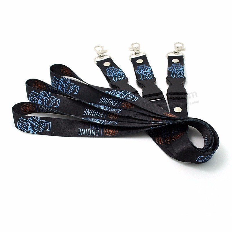 High quality Black color Polyester material 20mm lanyard Custom with Black plastic Breakaway Buckle