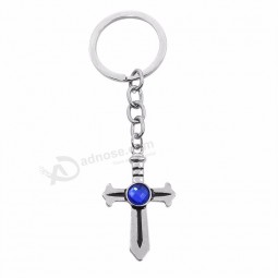 Hot Anime Fairy Tail Keychain Simple Silver Blue Crystal Cross Sword Key Chain Ring For Women Men Birthday Gift Dropshipping