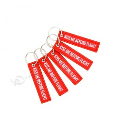 5pieces size7.7*2cm Keychain KISS ME BEFORE FLIGHT Warning Pendant duplex Woven label Aviation gift Key chains