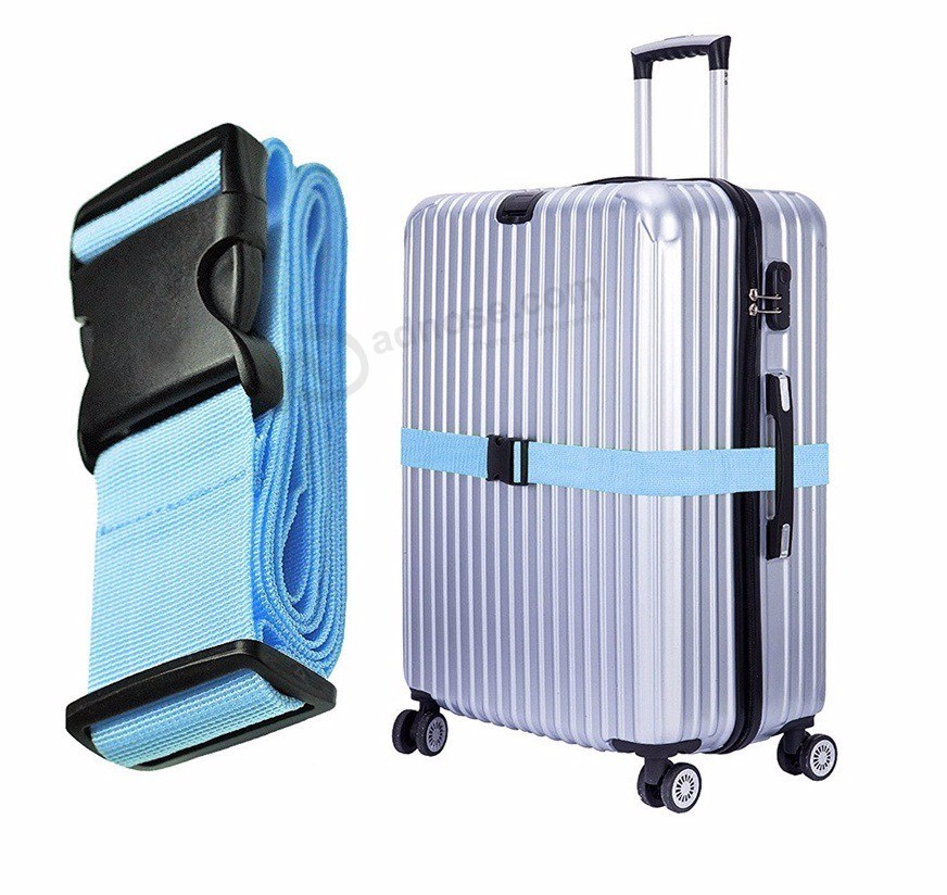 Blauwe bagageriem met wit logo, promotionele bagageriem, kofferriem, tasriem
