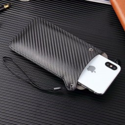 Carbon Fiber Microfiber Leather Super Slim Sleeve Pouch Phone Bag Case Cover With Lanyard