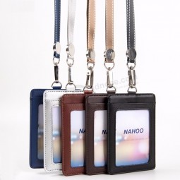 Lanyards Id Badge Holder Name Tag Plastic Badge Real Leather Card Holder Vertical Credit Bus Cards Case Office Supplies