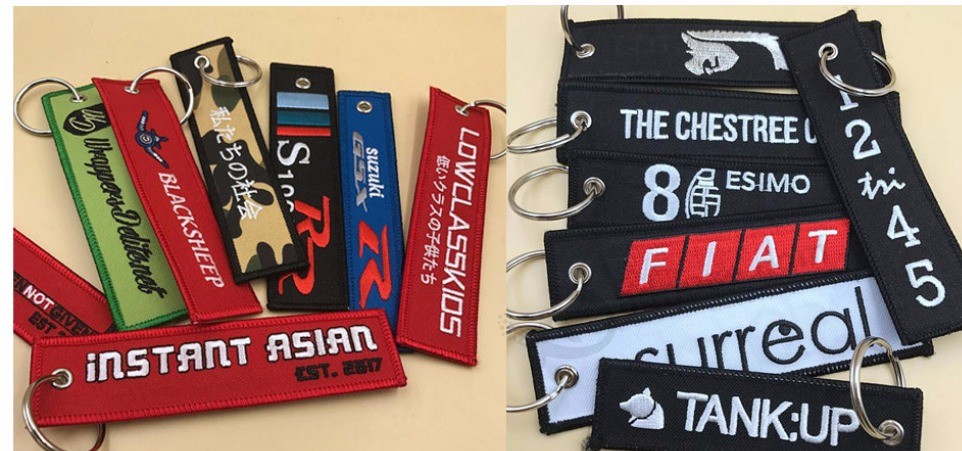 Fabrik benutzerdefinierte doppelseitige Stickerei Patch Gepäckanhänger mit Schlüsselanhänger