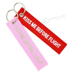 1piece Key chains for Aviation tag Embroidery keychain KISS ME BEFORE FLIGHT Special luggage charms Pink Red