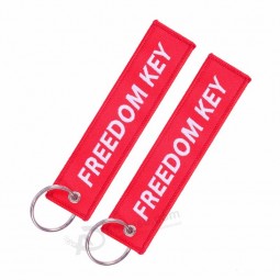 Doreen Box Freedom Key Red White Hiphop Rock Tags Keychain Keyring Key Ring Rectangle Polyester Double-sid Embroidery 1 Piece
