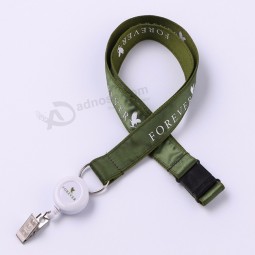 Cute Festival Green Polyester Printing Satin Ribbon Badge Reel personalised lanyards  With Metal Circle Loop Custom