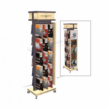 Popular design double sides socks display stand with hooks socks pop display cabinet with moving casters
