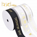 Hsdribbon benutzerdefinierte Goldfolie gedruckt Logo in weiß schwarz Satinband