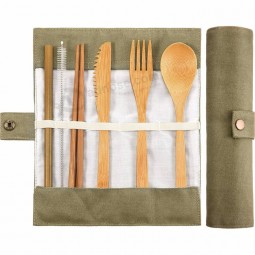 H81 6pcs Sets Reusable Outdoor Portable Dinnerware With Rolling Bag Flatware Eco Friendly Bamboo Spoon Fork Knife Set