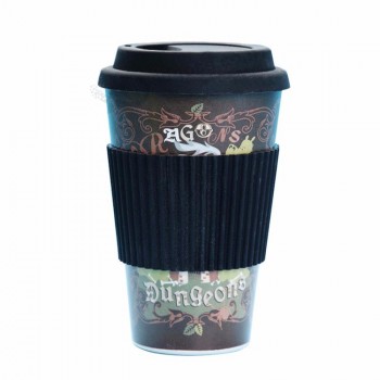 ECO可重复使用的儿童竹纤维饮用水带盖和套筒的茶咖啡杯