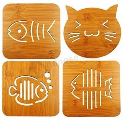 Popculta 4 pcs bambu trivet Hot Pot titular porta-copos Pad Cat & peixe design (pacote de 4)