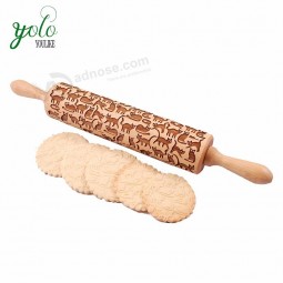High Quality Wholesale Handmade Cats Pattern Embossed Cookie Laser Engraved  Wooden Rolling Pin For Kitchen