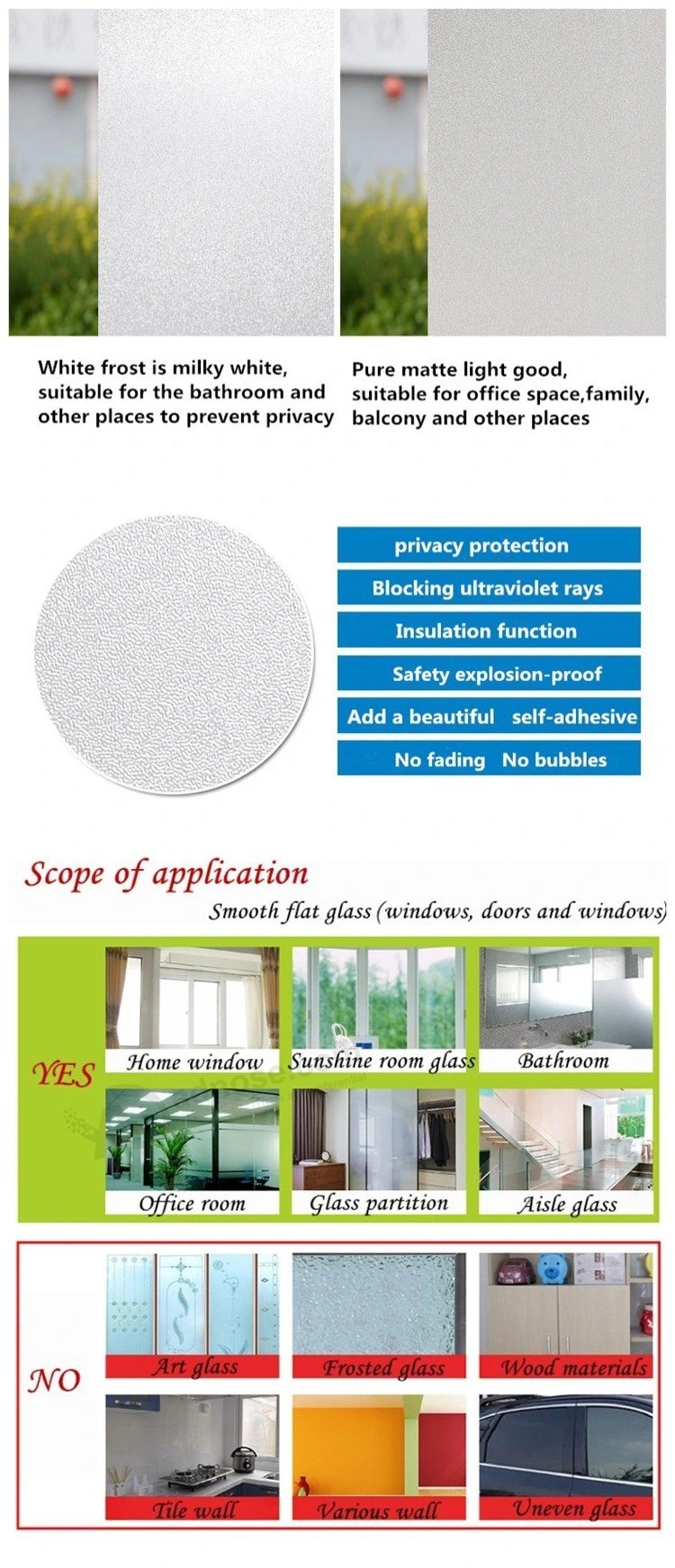 Privacy window Film: translucent Static cling Treatment frosted Contact paper for home Security and decorative Opaque glass Effect