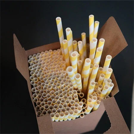 Paja de papel de beber multicolor biodegradable amarillo + blanco desechable personalizado de 6 mm *
