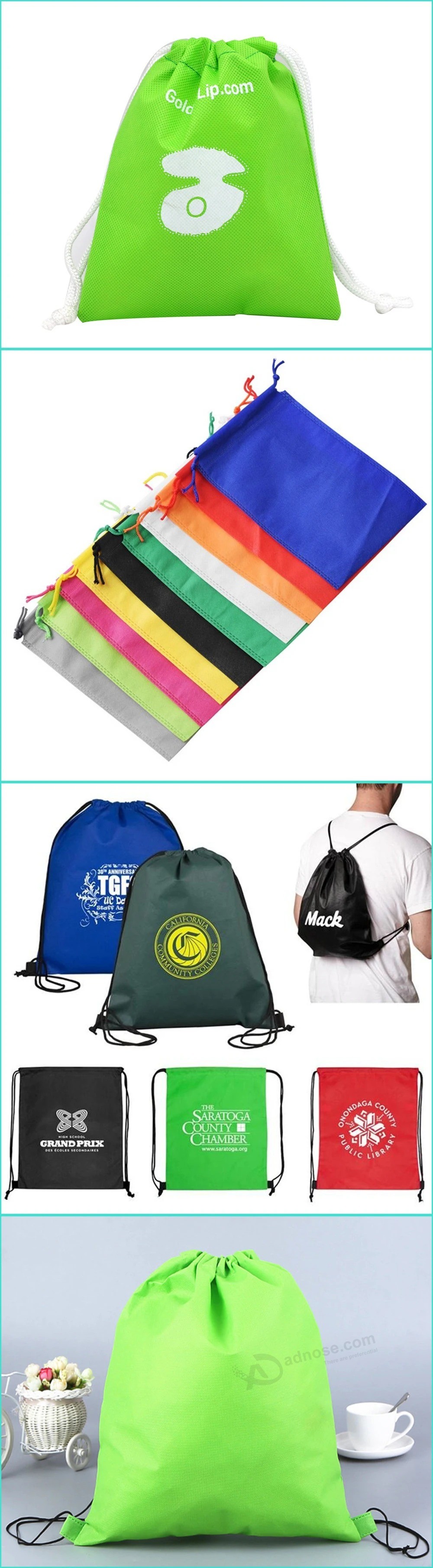Saco de compras personalizado reciclável ecológico PP não tecido / PP tecido / tela / nylon poliéster com cordão para promoção