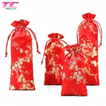 Chinese Style Satin Red Embroidery Drawstring Promotional Jewelry Gift Bag