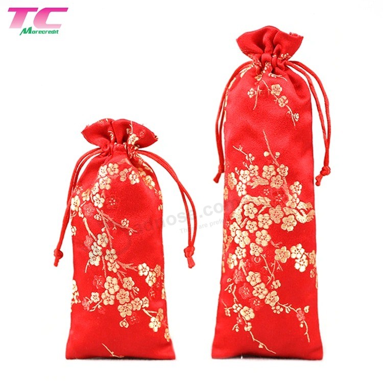 Sacchetto regalo di gioielli promozionali con coulisse ricamo rosso in stile cinese