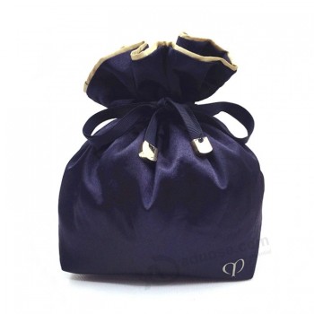 morecredit sacchetti regalo di lusso in raso blu scuro a doppio strato con stampa personalizzata piccola borsa con coulisse di bellezza