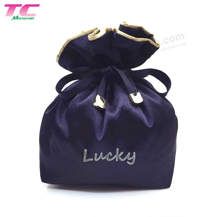 Morecredit luxury Double layers Navy satin Gift bags Custom printed Small drawstring Beauty lingerie Packaging pouch Bag